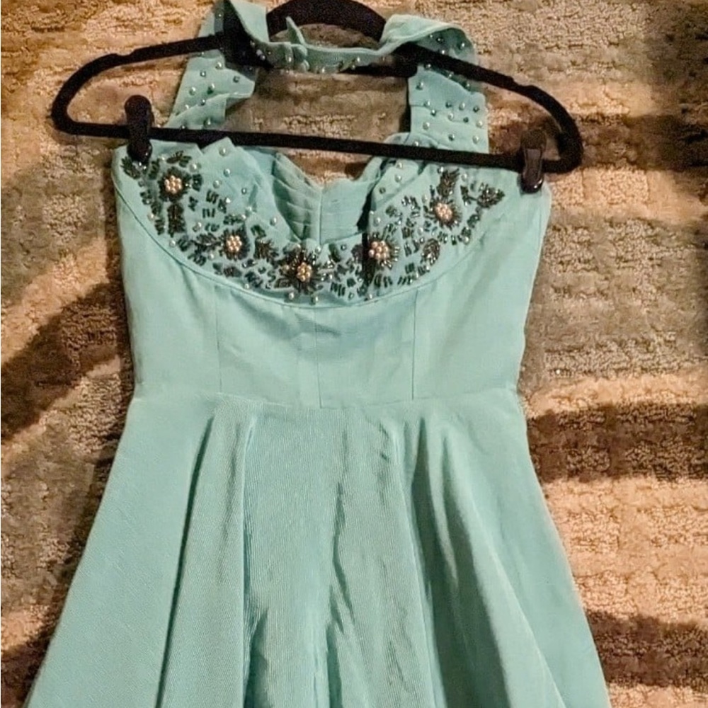 Trashy Diva Lena Ribbed Rayon Mint Blue size 04 Black beading halter neck - Picture 2 of 4
